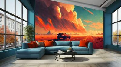 Futuristic Car in a Post Apocalyptic Dystopian Landscape. Future Muscle Car. [Sci-Fi, Fantasy, Historic, Horror Scene. Graphic Novel, Video Game, Anime, Comic, or Manga Illustration.]
 Wall mural